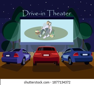 Drive-in theater. Cars parked at the cinema in the night park. People in cars are watching a movie about a couple in love. Pleasant pastime. Modern vector flat illustrations.