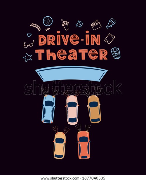Drive-in theater. Open\
air cinema concept. Watching movies outdoors. Flat vector cartoon\
lettering with cars