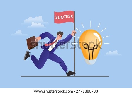 Driven entrepreneur holding a briefcase and reaching for the success flag beside a large light bulb symbolizing rapid growth strategic execution and winning business ideas