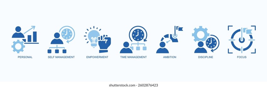 Driven Self Icon Set Isolated Vector Illustration Concept With Icon Of Personal, Self Management, Empowerment, Time Management, Ambition, Discipline, Focus