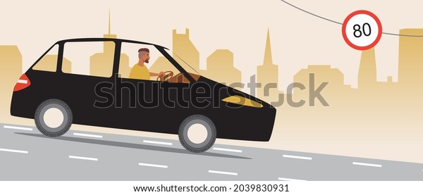 Driver adult male, speed\
80. Flat vector stock illustration. Limited road speed. Prohibition\
of fast driving in the city. Car driver. Maximum driving speed.\
Vector graphics