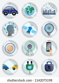 Driver assistance system icon set. Driverless robotic self-driving car