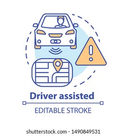 Driver assisted concept icon. Car intelligent features for safety and comfort. Sensory information to navigation paths idea thin line illustration. Vector isolated outline drawing. Editable stroke