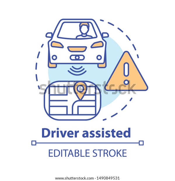 Driver assisted concept icon. Car intelligent\
features for safety and comfort. Sensory information to navigation\
paths idea thin line illustration. Vector isolated outline drawing.\
Editable stroke