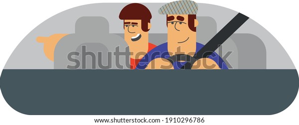 Driver and backseat passenger shows a window\
flat icon vector\
illustration