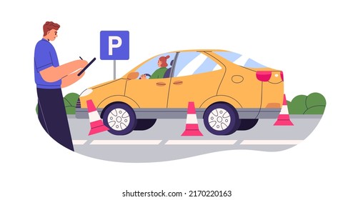 Driver Beginner Learning, Studying Behind Steering Wheel In Car. Woman Student Passing Exam, Parking Lesson With Instructor In Driving School. Flat Vector Illustration Isolated On White Background