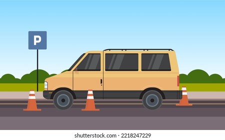 Driver beginner learning and studying behind steering wheel in van concept flat vector illustration.
