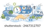 Driver behavior monitoring for performance efficiency hands outline concept. Check cargo driver health and behaviour for road safety vector illustration. Review chauffeur productivity with checkup.