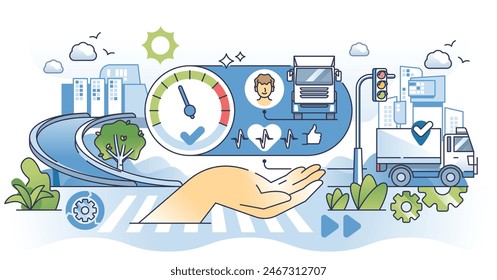 Driver behavior monitoring for performance efficiency hands outline concept. Check cargo driver health and behaviour for road safety vector illustration. Review chauffeur productivity with checkup.