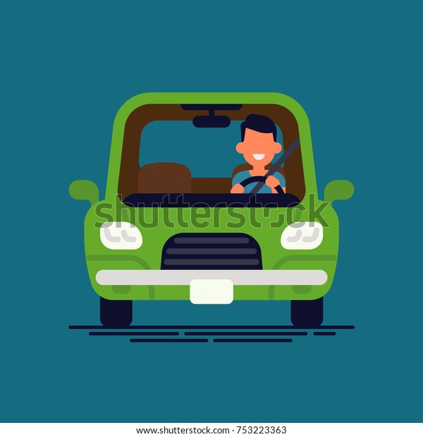 Driver behind the wheel. Man\
drives his car, flat design vector minimalistic\
illustration