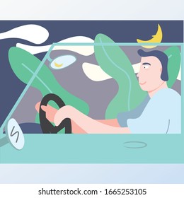 Driver in a blue car.Illustration car.City landscape.Cartoon.EPS10