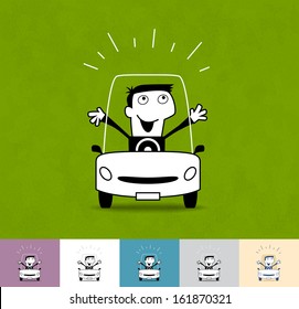 Driver. Business cartoon illustration (EPS 10). Animation friendly: the elements ( arms, heads etc) are in the separate layers. Seamless pattern on the background (color can be changed).