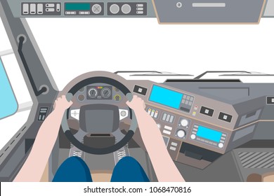 Driver in the cab of the truck on white background. Vector illustration