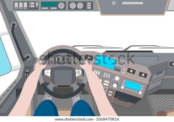 Driver in the cab of the truck on white\
background. Vector\
illustration