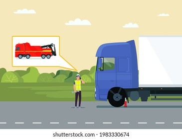 A driver calls a tow truck near a broken truck. Vector illustration.