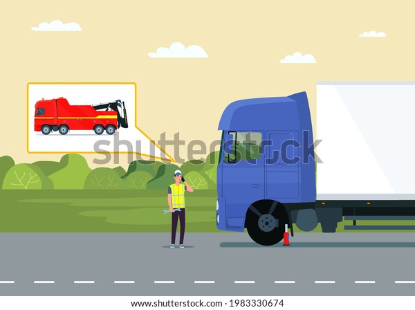 A driver calls a tow truck near a broken\
truck. Vector illustration.