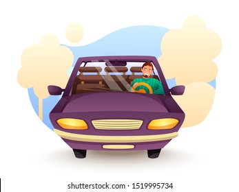 Driver in car flat vector illustration. Cheerful man sitting at steering wheel. Happy buyer in new automobile. Old vehicle emitting exhaust fumes. Urban traffic concept. City air pollution problem