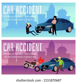 Driver of car gets into an accident. Set of illustrations with emergency situations on road. Pedestrian, motorcyclist got injured in collision with car vector flat illustration