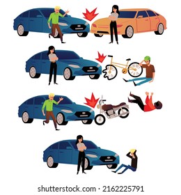 Driver of car gets into an accident on white background. Set of illustrations with emergency situations on road. Pedestrian, motorcyclist, cyclist collided with car, vector flat illustration