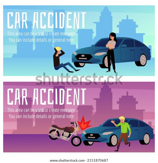 Driver of car\
gets into an accident. Set of illustrations with emergency\
situations on road. Pedestrian, motorcyclist got injured in\
collision with car vector flat\
illustration