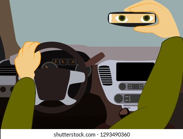 The driver in the car looks in the rear  view mirror Vector illustration car inside  Driver place in the automobile
