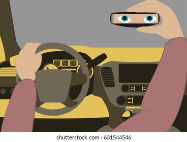 The driver in the car looks in the rear-view mirror.Vector illustration of car inside. Driver place in the automobile