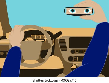 The driver in the car looks in the rear-view mirror.Vector illustration of car inside. Driver place in the automobile