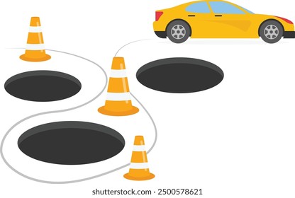 Conductor Coche pasar muchas trampas para lograr el final. Ilustración vectorial plana

