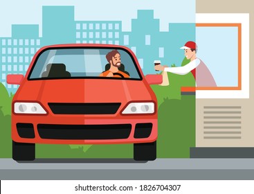 Driver in car takes fast food order at Drive Thru counter. Vector illustration of distance service scene in coronavirus pandemic, infection prevention