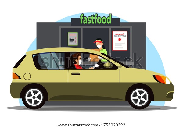 Driver in car takes fast food order at Drive\
Thru counter. People wearing medical protection masks, gloves.\
Vector illustration of distance service scene in coronavirus\
pandemic, infection\
prevention