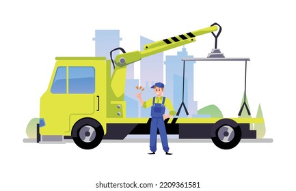 Driver of car towing truck standing on highway road, flat cartoon vector illustration isolated on white background. Roadside assistance and towing service.