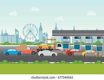 Driver cars passing through to pay road toll at highway toll booth, vector illustration.