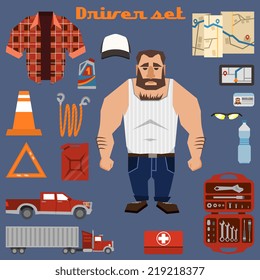 Driver character clothes and professional equipment decorative elements set isolated vector illustration