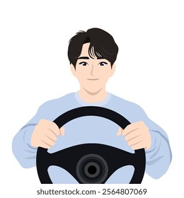 Driver Character Holding Hands on a Steering Wheel. Flat Vector character illustration