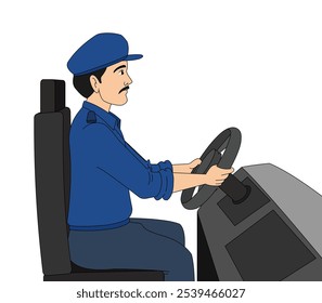 Driver Character Vector, Side, driving, blue, driving uniform, Cartoon Bus Driver Illustration