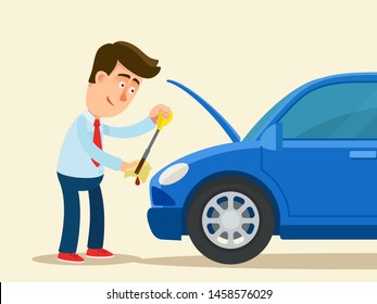 Driver checking engine oil level. Vector illustration, flat design, cartoon style. Isolated background, side view.