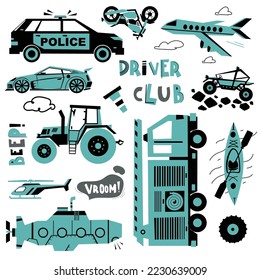Driver club poster. Vector set of different type of transport and elements