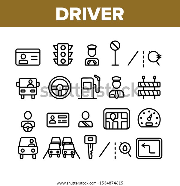 Driver Collection Car Elements Icons Set\
Vector Thin Line. Driver Silhouette And Road Mark, Traffic Light\
And License, Gps Navigator And Key Concept Linear Pictograms.\
Monochrome Contour\
Illustrations