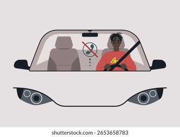 A driver in a colorful sweatshirt is focused on a road, not on a phone call, seated in a modern car, with clear signs indicating the importance of safety while driving