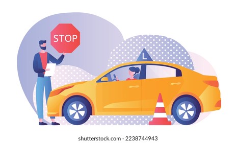 Konzept des Fahrlehrgangs. Der Mensch bewertet junge Mädchen, die Auto fahren. Prüfung oder Prüfung, Lizenzierung. Frauen lernen, wie man im Fahrzeug fährt. Poster oder Banner für die Website. Cartoon-Flavektor-Vektorgrafik