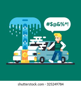 The Driver Crashed Into A Fire Hydrant. Automobile Accident. Car Crash. Vector Flat Illustration.