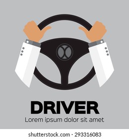 Driver design element with hands holding steering wheel. Vector illustration.