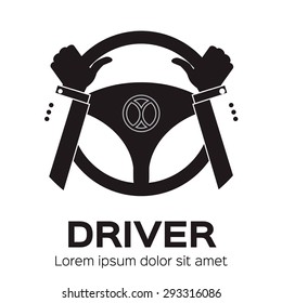 Driver design element with hands holding steering wheel. Vector illustration.