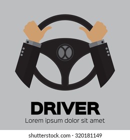 Driver design element with hands holding steering wheel. Vector illustration.