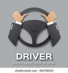 Driver design element with hands holding steering wheel. Pop up style. Vector applique illustration.