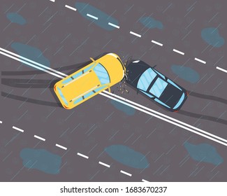 The driver did not have time to brake and two car crashed on slippery road from rain. Vector illustration