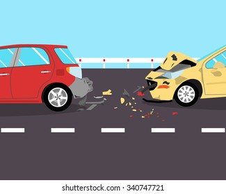 The driver did not have time to brake and crashed into two cars on the road. Vector illustration