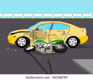 The driver did not see the motorcyclist and knocked him down. Accident. Vector illustration