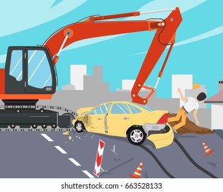 The driver did not see the sign on the road and did not have time to slow down and shot down the worker. Roadwork. Vector illustration