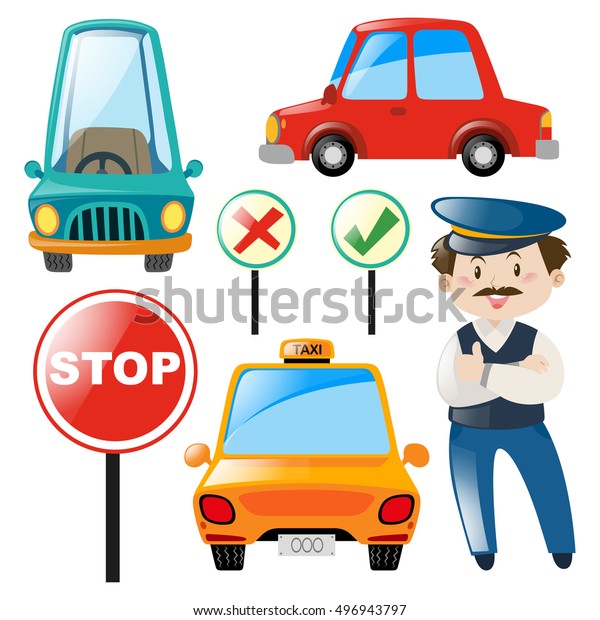 Driver and\
different types of car\
illustration